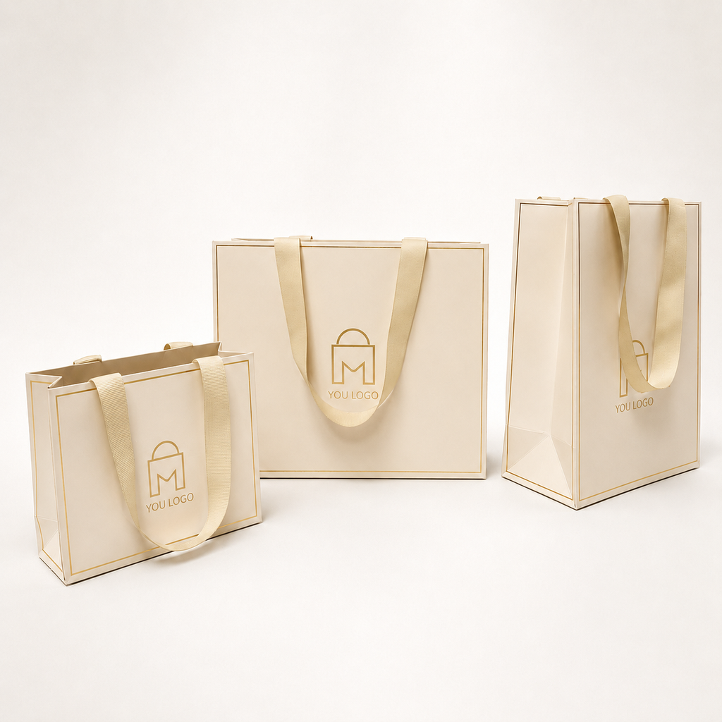 Custom Luxury Paper Bags with Hidden Ribbon Handles – 250GSM Coated Paper Gift Bags with Logo