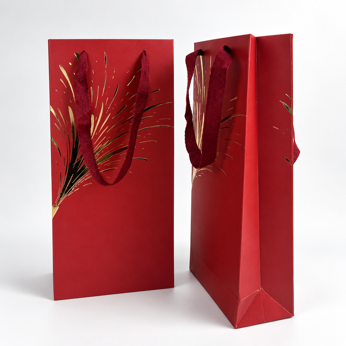 Custom Burgundy Wine Gift Bags with Gold Foil & Ribbon Handles for Weddings & Parties