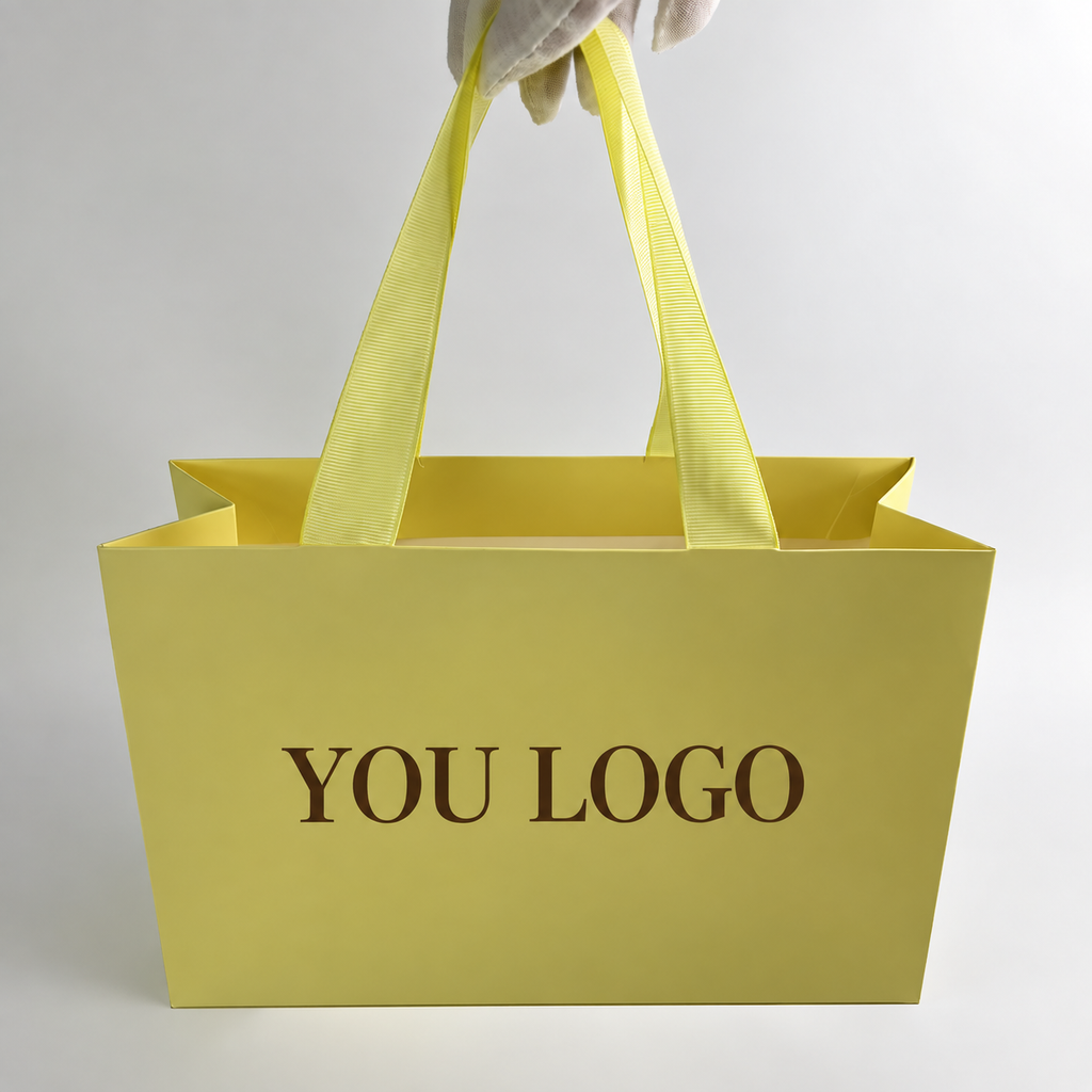 Custom Luxury Yellow Paper Shopping Bags with Ribbon Handles