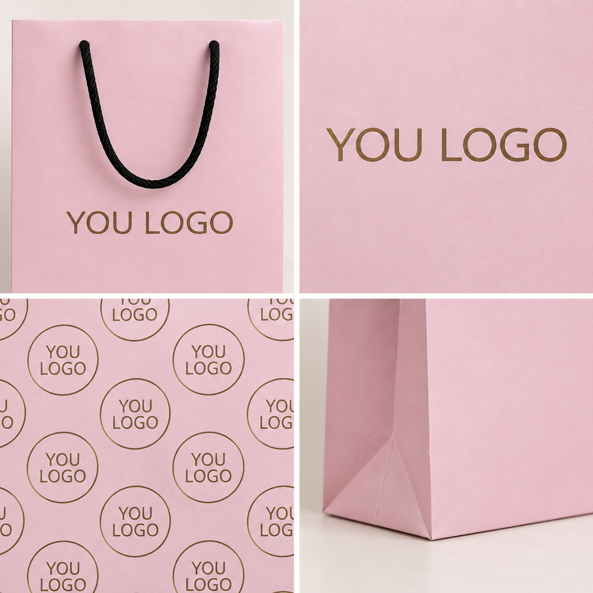 Blush Pink Boutique Paper Bags with Black Rope Handles & All-Over Custom Logo Print