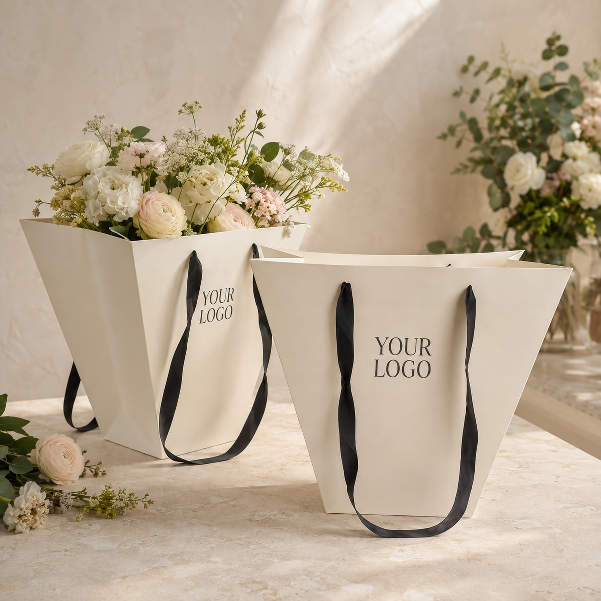 Custom Trapezoid Flower Paper Bags with Satin Ribbon Handles for Bouquets, Florists & Event Gifts