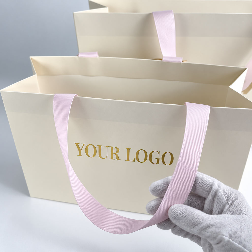 Custom Ivory Luxury Paper Shopping Bags with Concealed Blush Pink Ribbon Handles
