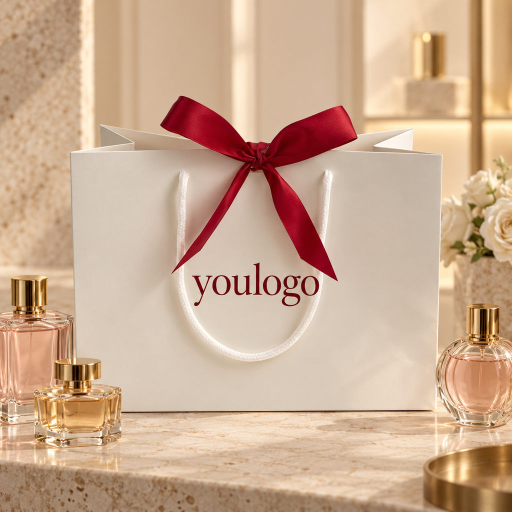 Custom Luxury Perfume Paper Bags with Satin Bow Closure and Rope Handles