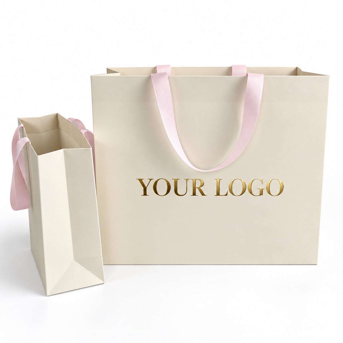 Custom Ivory Luxury Paper Shopping Bags with Concealed Blush Pink Ribbon Handles