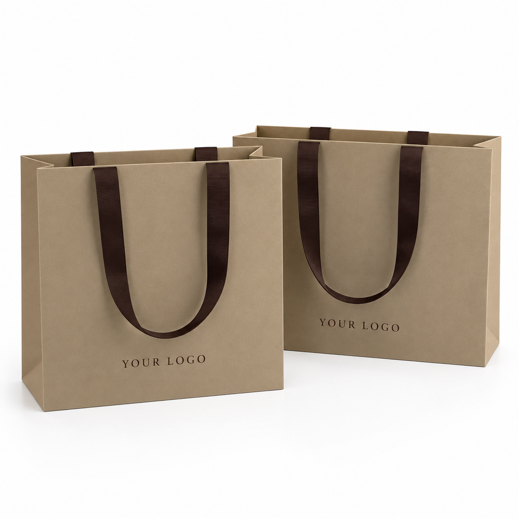 Custom 270gsm Taupe Specialty Paper Shopping Bags with Brown Grosgrain Ribbon Handles