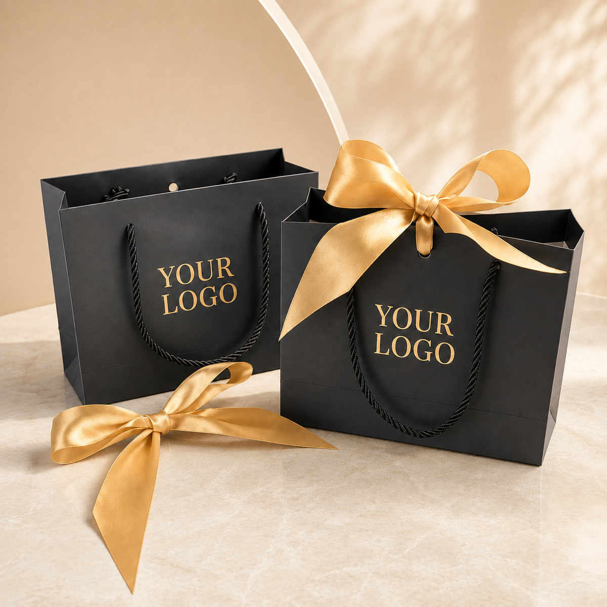 Luxury Custom Black Paper Gift Bags with Gold Foil & Satin Ribbon for Jewelry, Perfume and Event Gifts | Low MOQ