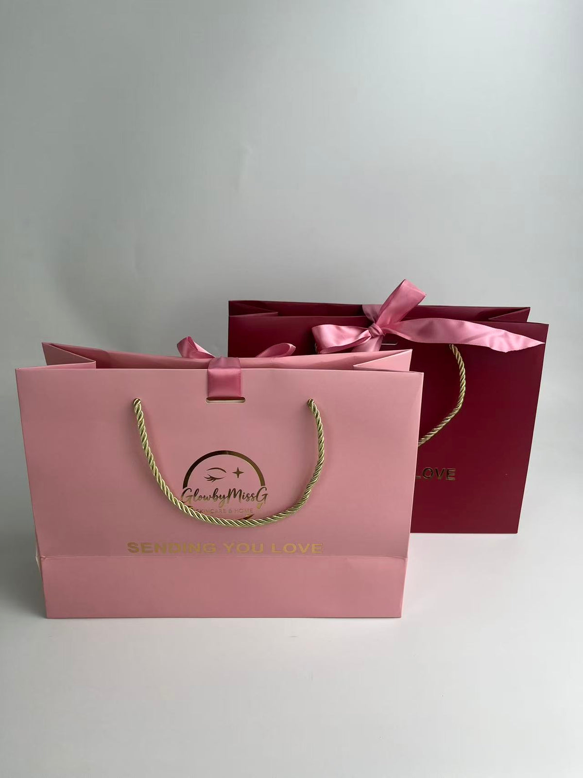 Custom Luxury Paper Gift Bags with Rope Handles & Ribbon Bow | 250gsm Hot Foil Shopping Bags