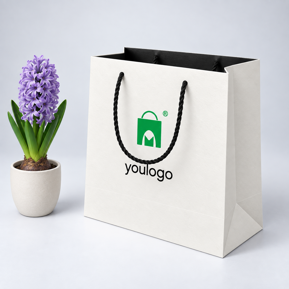 Custom White Specialty Paper Shopping Bags with Black Lining & Rope Handles
