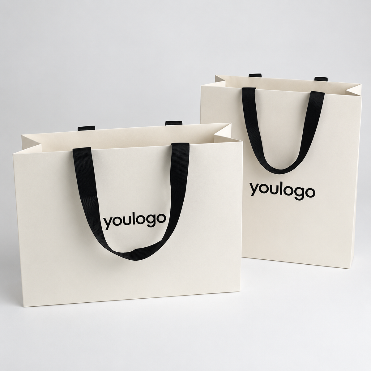 Custom 250gsm White Card Paper Shopping Bags with Wide Woven Handles