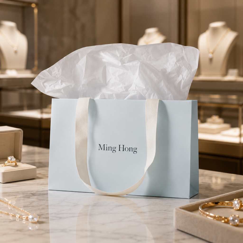Soft Blue Jewelry Shopping Bags with Ivory Ribbon Handles – Boutique Gift Packaging