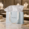 Soft Blue Jewelry Shopping Bags with Ivory Ribbon Handles – Boutique Gift Packaging