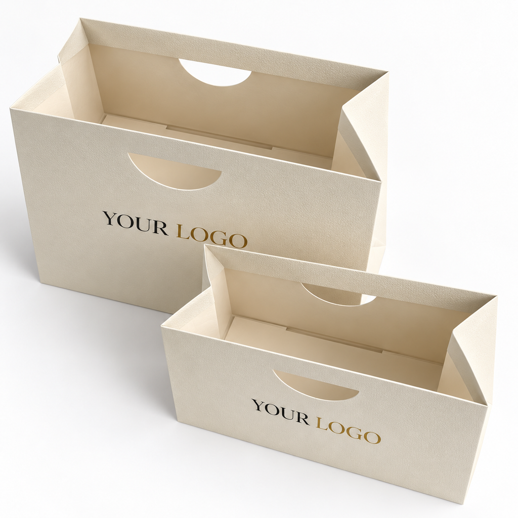 Custom Ivory Textured Paper Shopping Bags | Die-Cut Handles | Luxury Jewelry & Retail Packaging