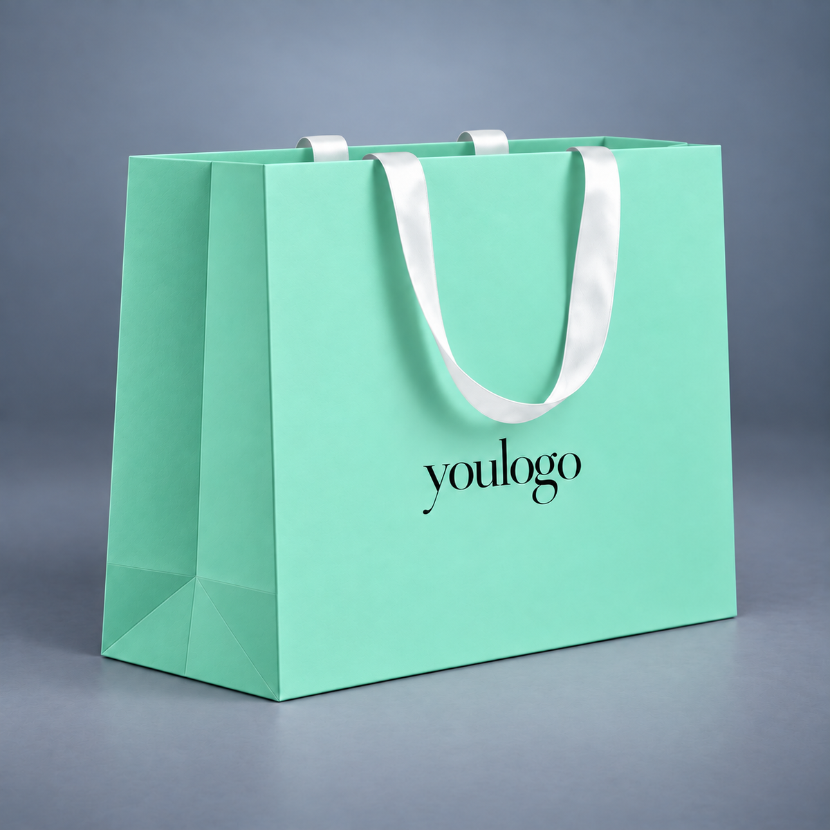 Custom Mint Green 250gsm Paper Shopping Bags with Concealed White Satin Ribbon Handles
