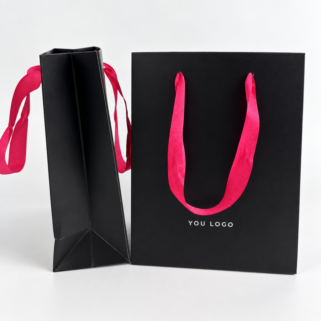 Custom Luxury Black Paper Shopping Bags with Hot Pink Ribbon Handles