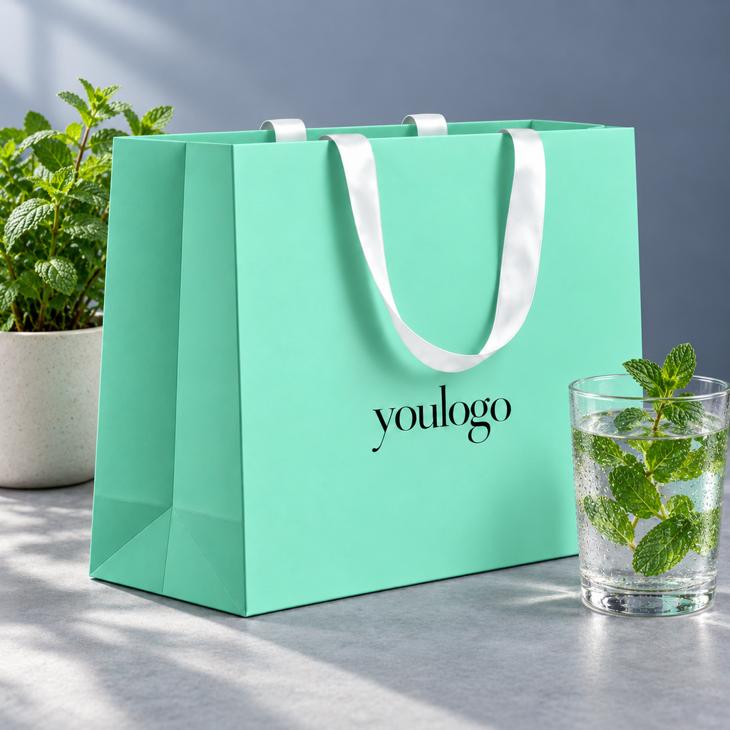 Custom Mint Green 250gsm Paper Shopping Bags with Concealed White Satin Ribbon Handles