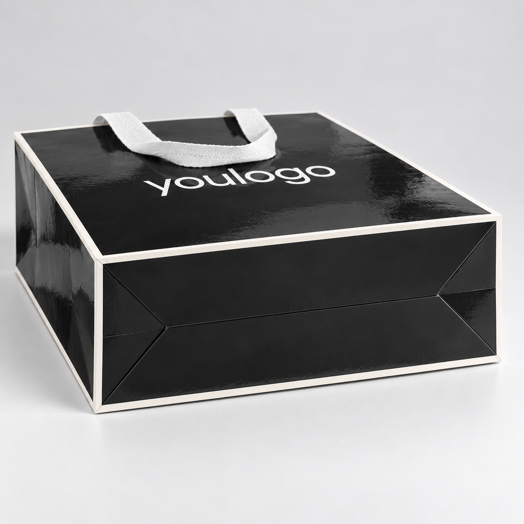 Custom Black Glossy Paper Shopping Bags with Wide Woven Handles