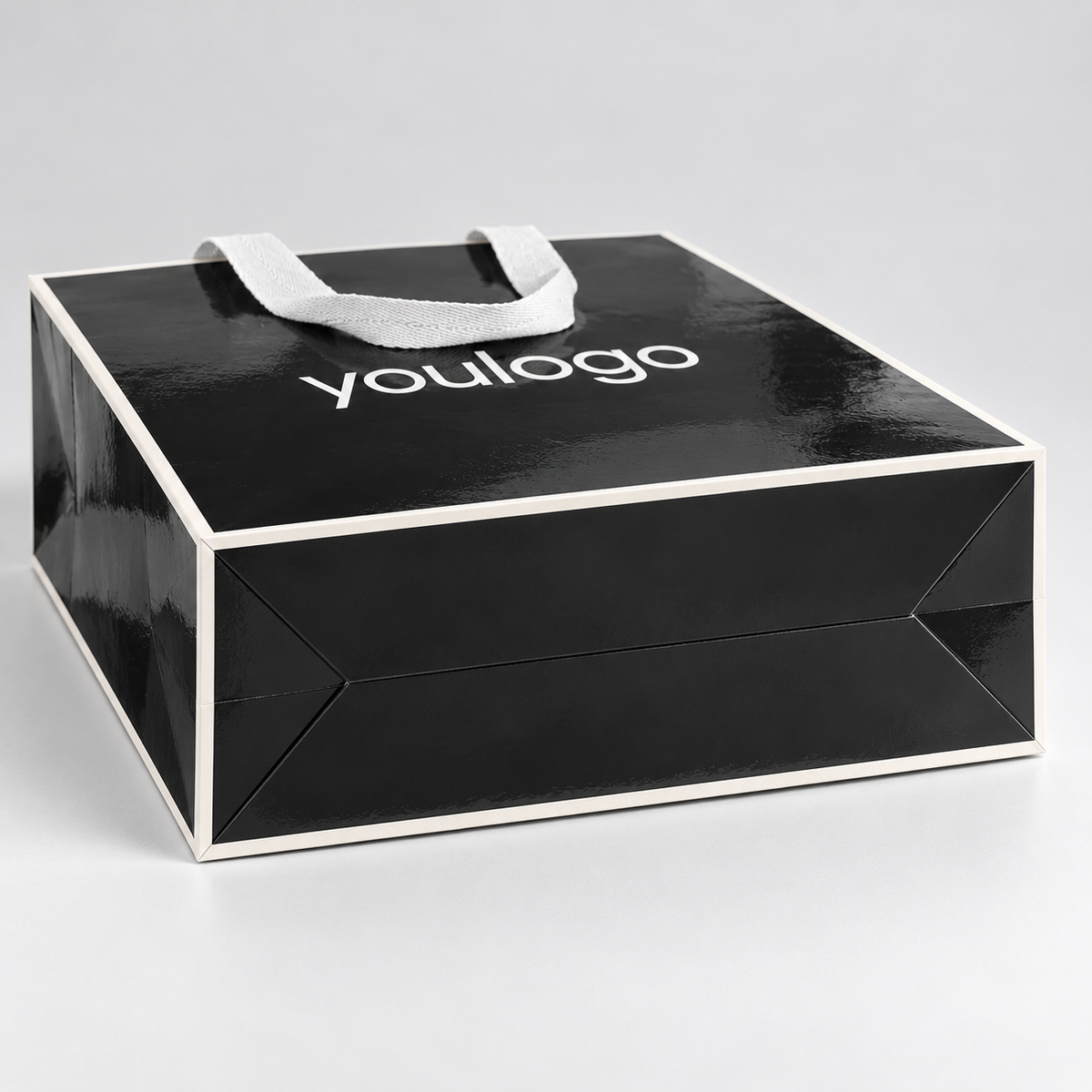 Custom Black Glossy Paper Shopping Bags with Wide Woven Handles