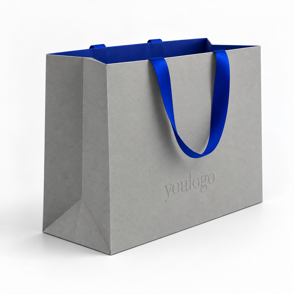 Custom Grey Specialty Paper Shopping Bags with Concealed Royal Blue Satin Ribbon Handles