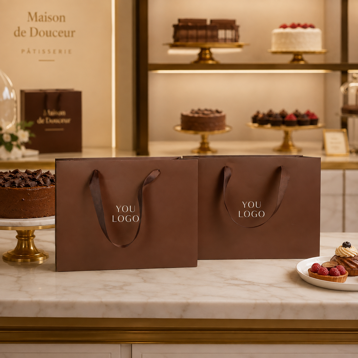 Chocolate Brown Cake Shop Bags with Matching Ribbon Handles – Elegant Bakery & Dessert Packaging