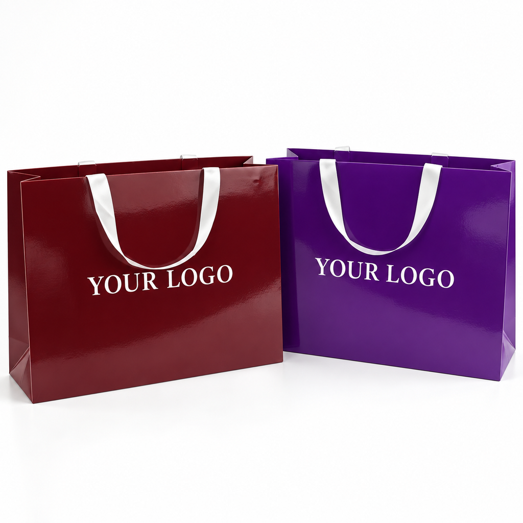 Custom Glossy Paper Shopping Bags with White Satin Ribbon Handles | Luxury Logo Gift Bags