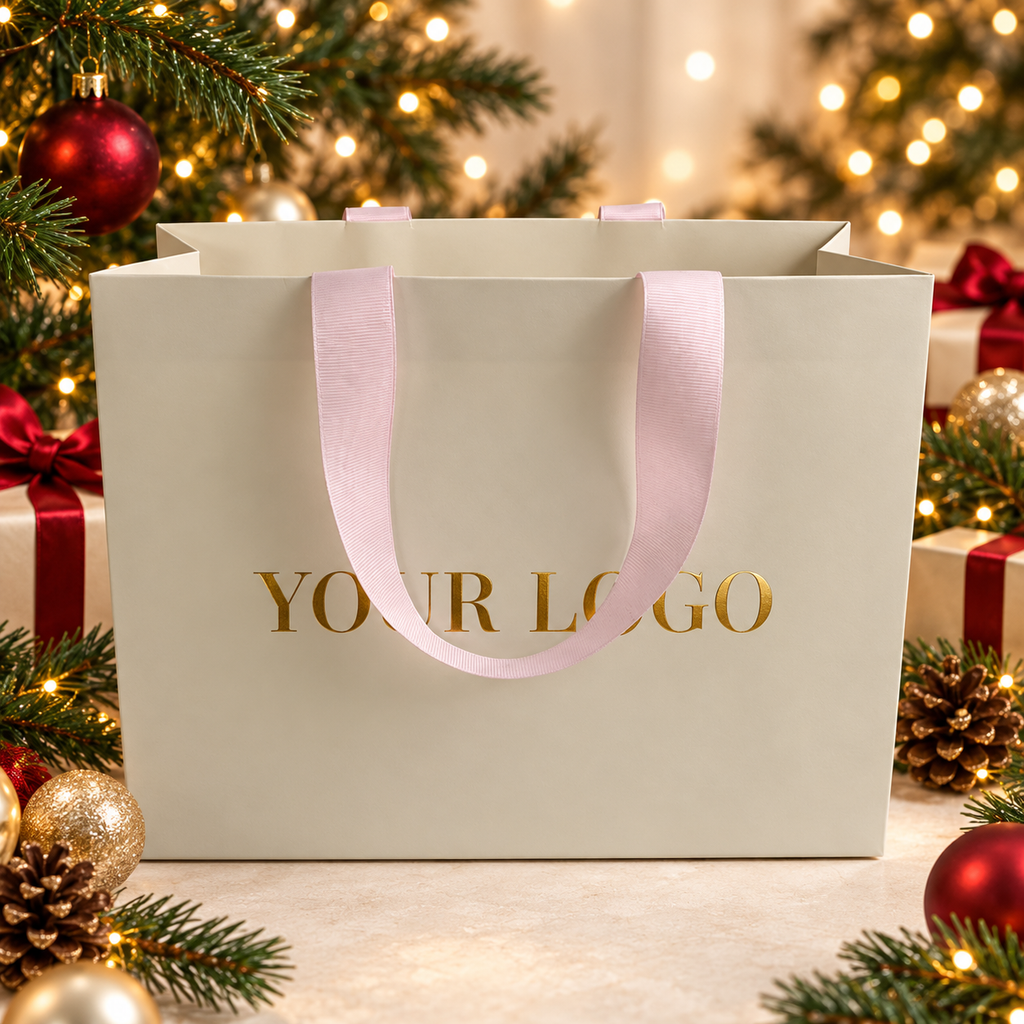 Custom Ivory Luxury Paper Shopping Bags with Concealed Blush Pink Ribbon Handles