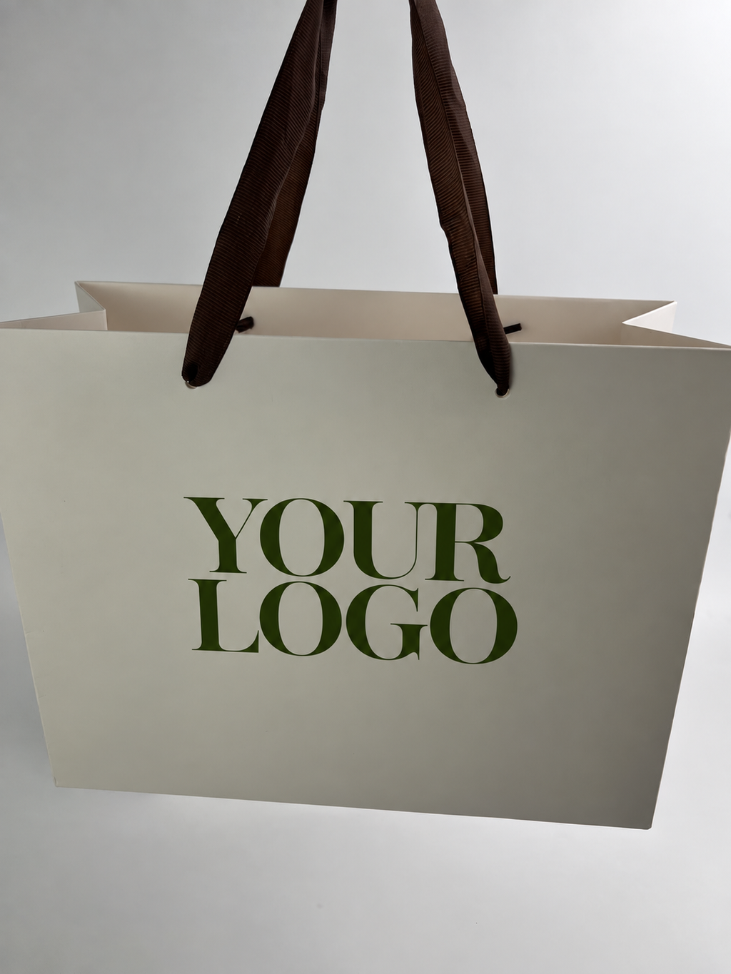 Custom 270gsm Ivory Specialty Paper Shopping Bags with Brown Grosgrain Ribbon Handles