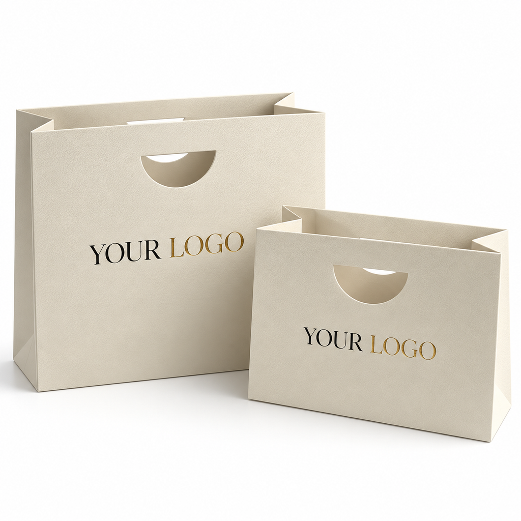 Custom Ivory Textured Paper Shopping Bags | Die-Cut Handles | Luxury Jewelry & Retail Packaging