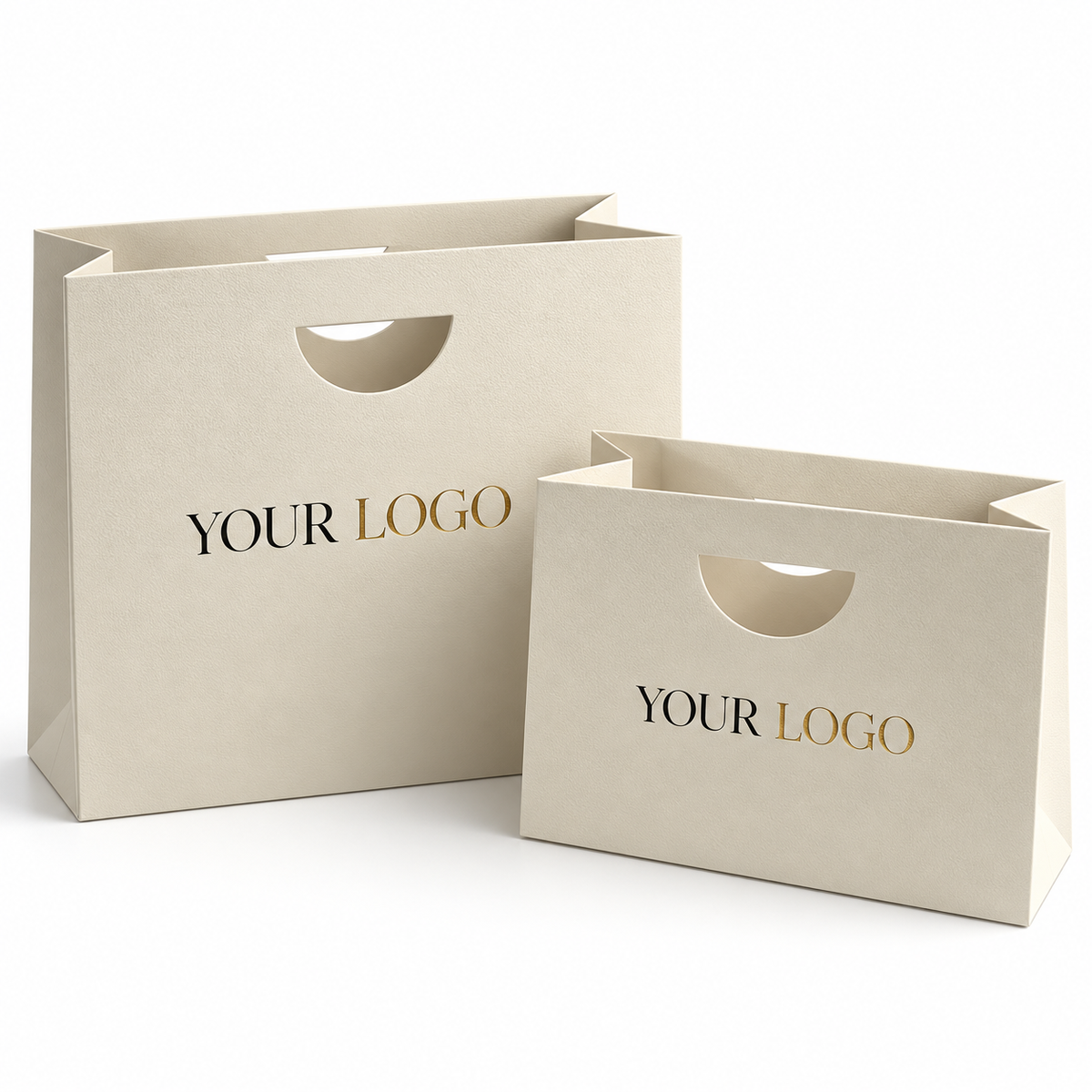 Custom Ivory Textured Paper Shopping Bags | Die-Cut Handles | Luxury Jewelry & Retail Packaging
