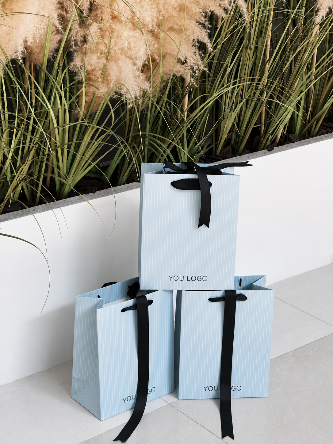 Coastal Blue Stripe Gift Bags with Black Ribbon Handles for Boutique & Resort Packaging