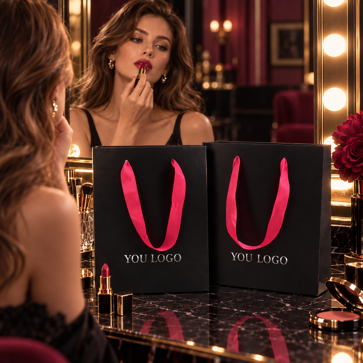 Custom Luxury Black Paper Shopping Bags with Hot Pink Ribbon Handles