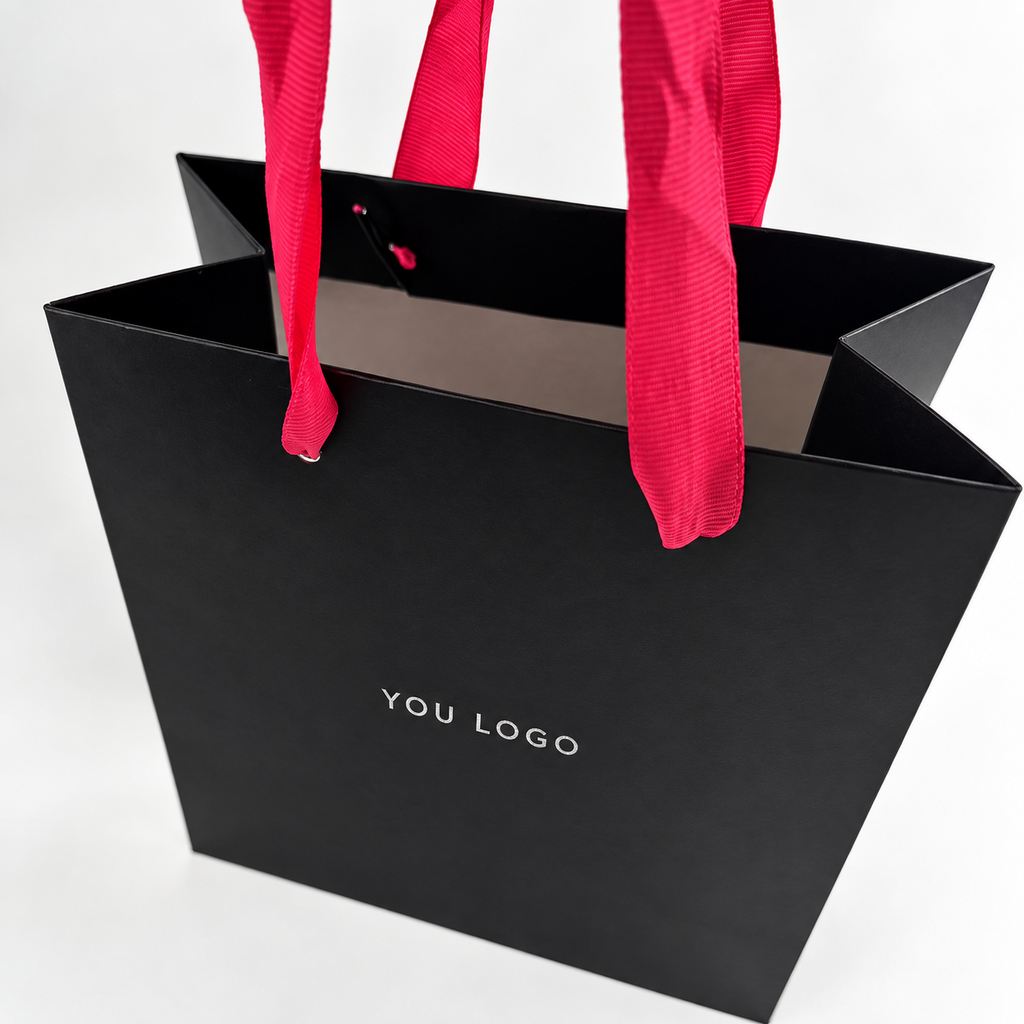 Custom Luxury Black Paper Shopping Bags with Hot Pink Ribbon Handles