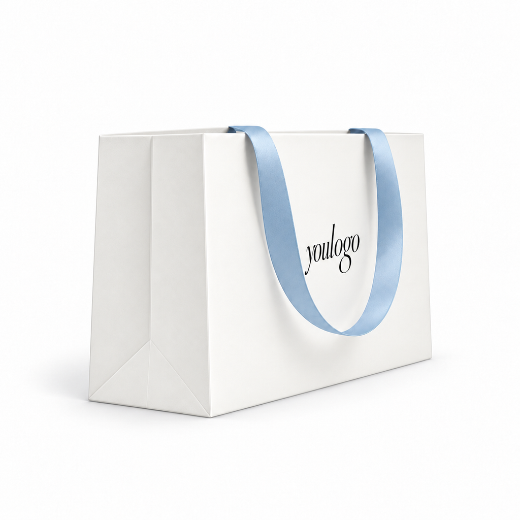 Custom 250gsm White Paper Shopping Bags with Concealed Blue Satin Ribbon Handles