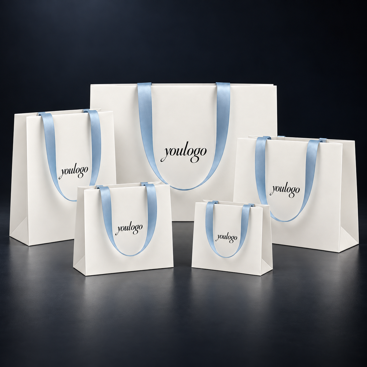 Custom 250gsm White Paper Shopping Bags with Concealed Blue Satin Ribbon Handles