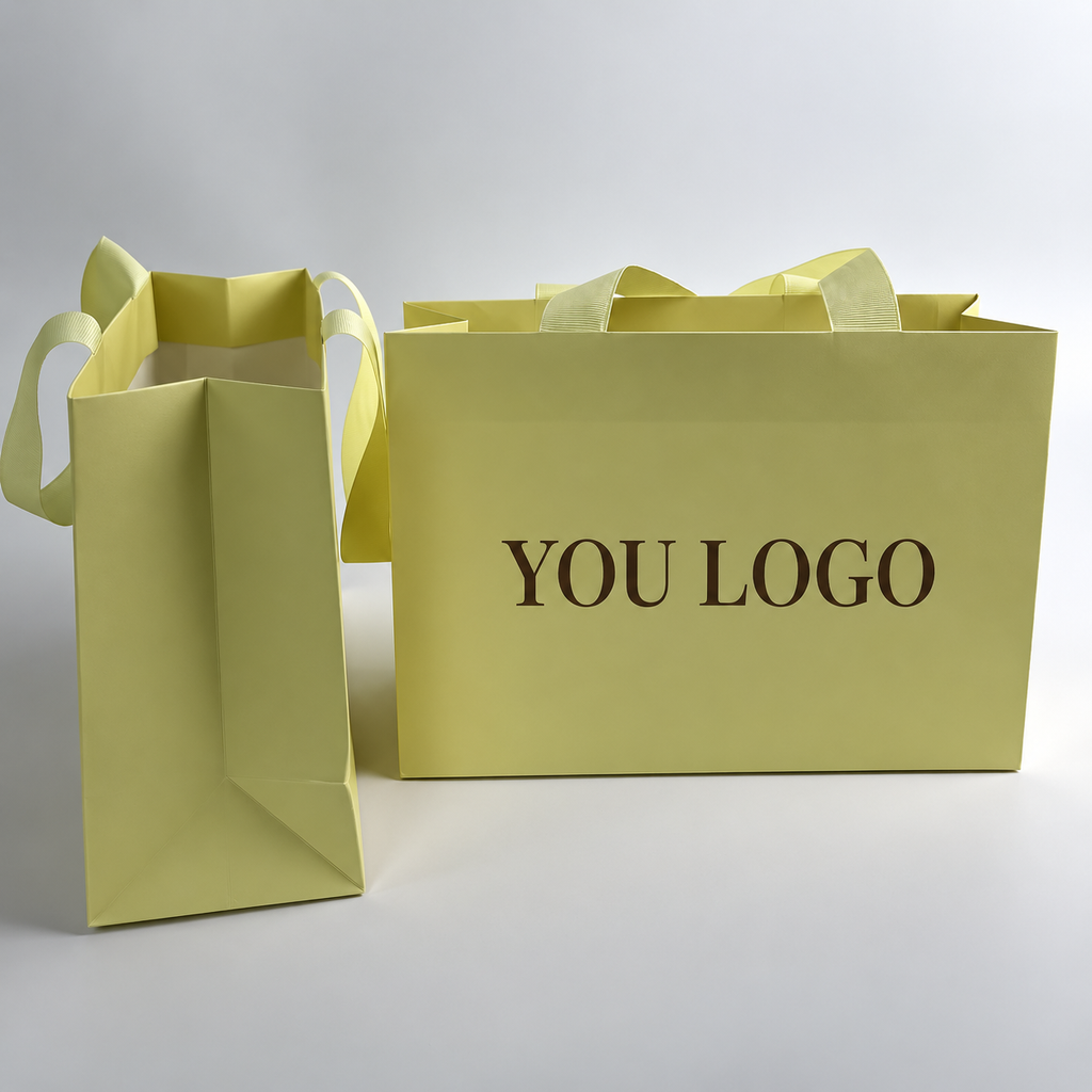 Custom Luxury Yellow Paper Shopping Bags with Ribbon Handles