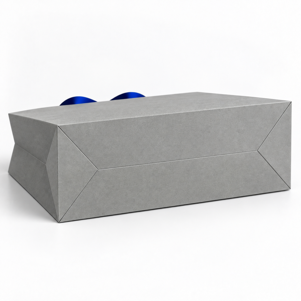 Custom Grey Specialty Paper Shopping Bags with Concealed Royal Blue Satin Ribbon Handles