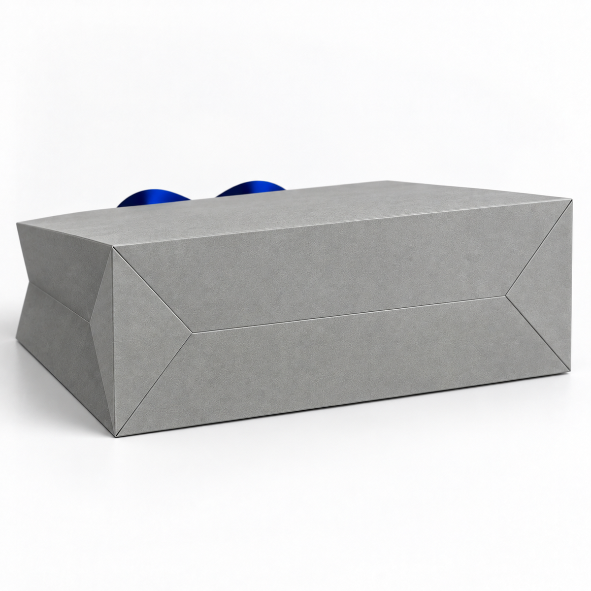 Custom Grey Specialty Paper Shopping Bags with Concealed Royal Blue Satin Ribbon Handles