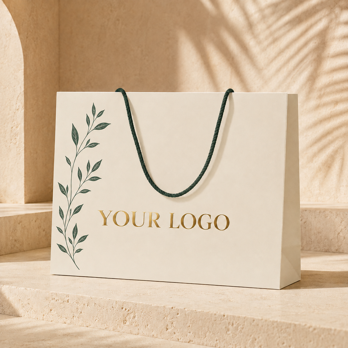Botanical Custom Paper Gift Bags with Gold Foil Logo & Forest Green Rope Handles for Boutiques and Events