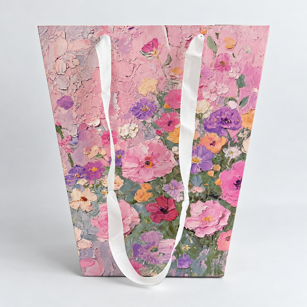 Custom Floral Paper Gift Bags with White Ribbon Handles