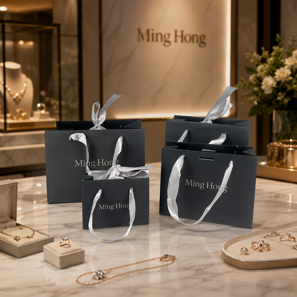 Black Jewelry Gift Bags with Silver Ribbon Handles – Custom Premium Packaging for Rings, Necklaces & Accessories