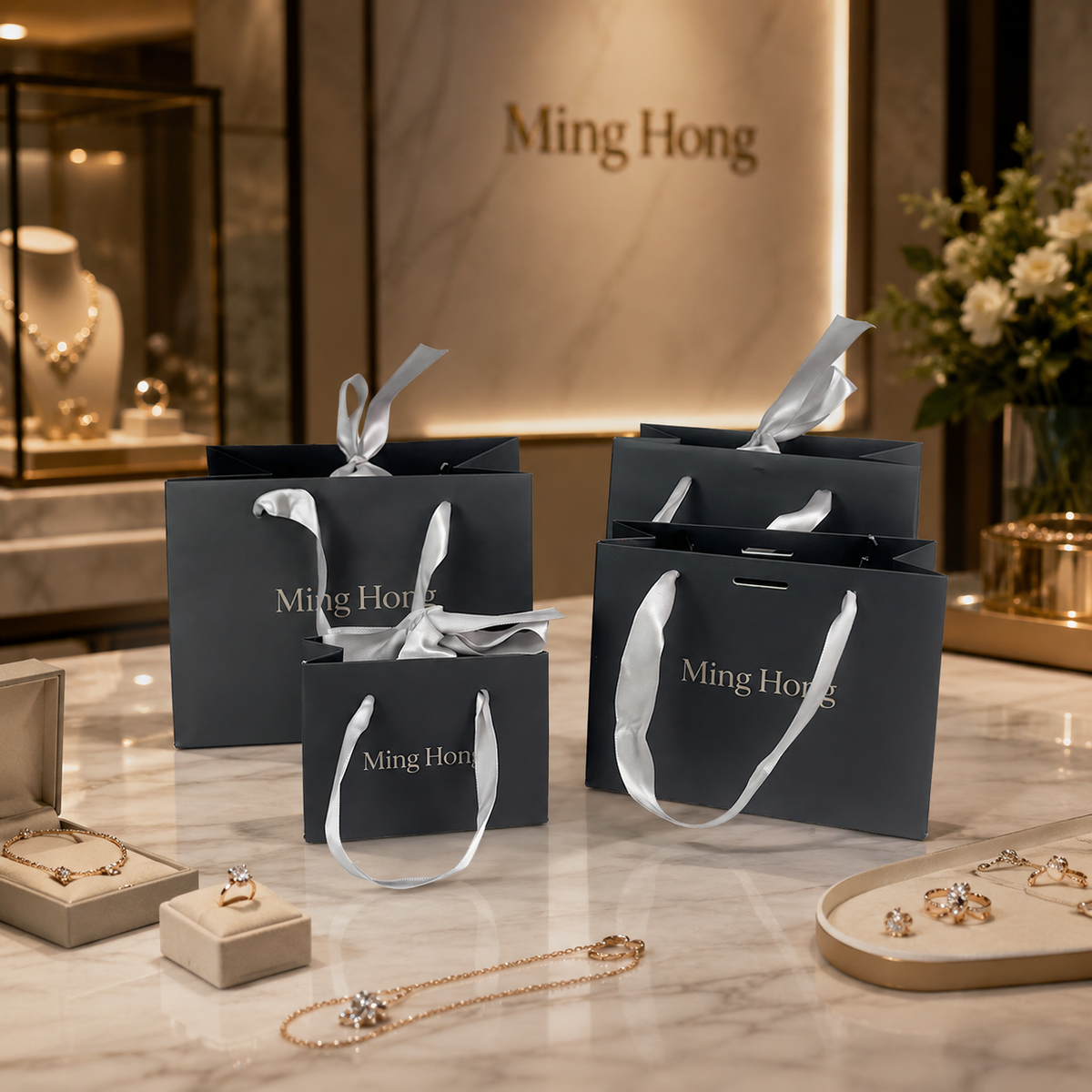 Black Jewelry Gift Bags with Silver Ribbon Handles – Custom Premium Packaging for Rings, Necklaces & Accessories