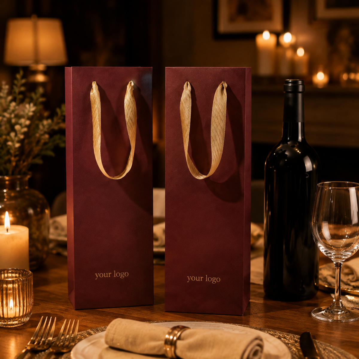 Burgundy Wine Gift Bags with Custom Logo, Ribbon Handles & Low MOQ Available