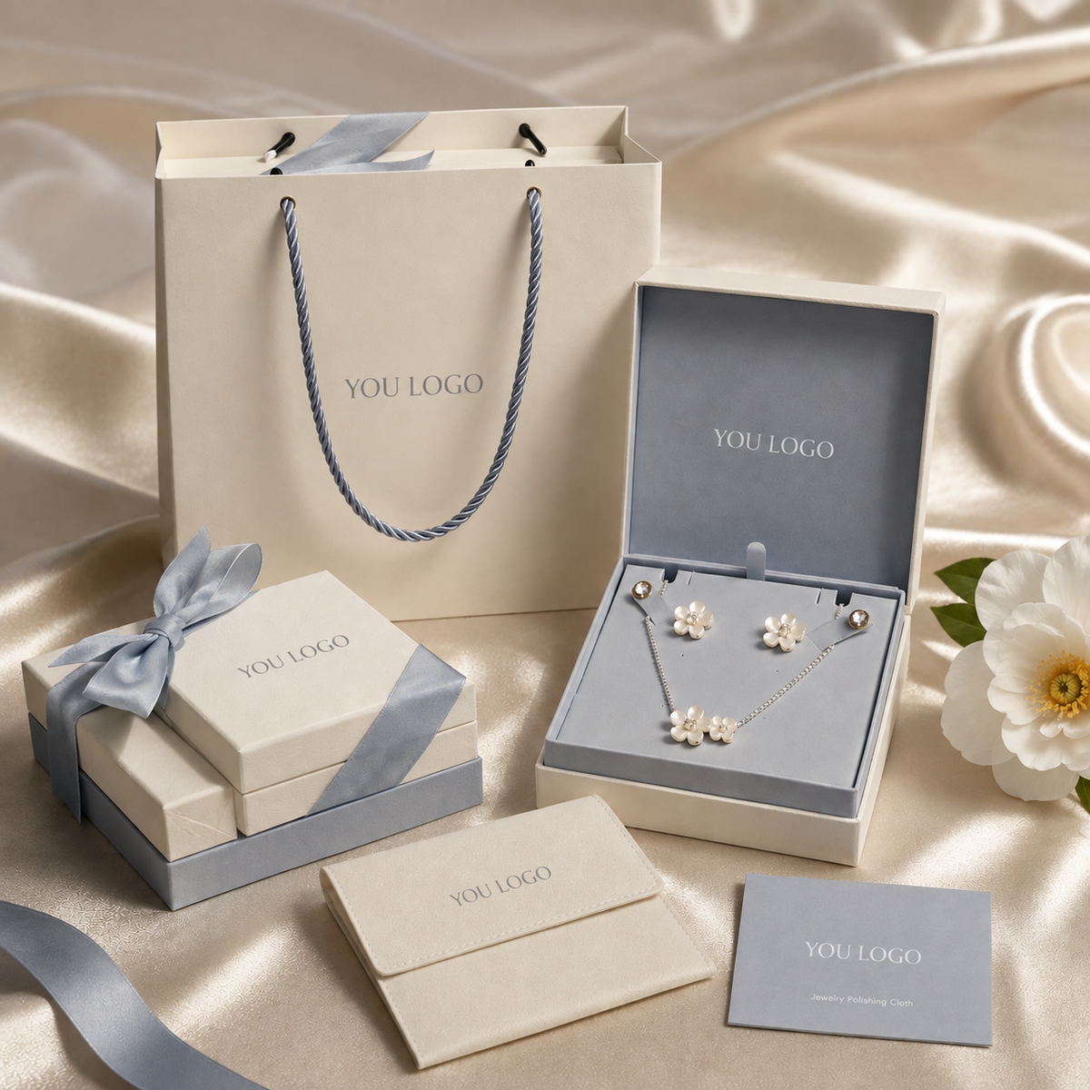 Ivory Textured Jewelry Paper Bags with Rope Handles | Custom Luxury Jewelry Packaging