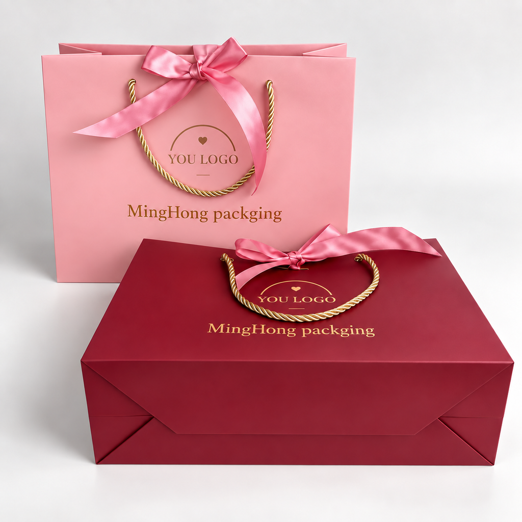 Custom Luxury Paper Gift Bags with Rope Handles & Ribbon Bow | 250gsm Hot Foil Shopping Bags