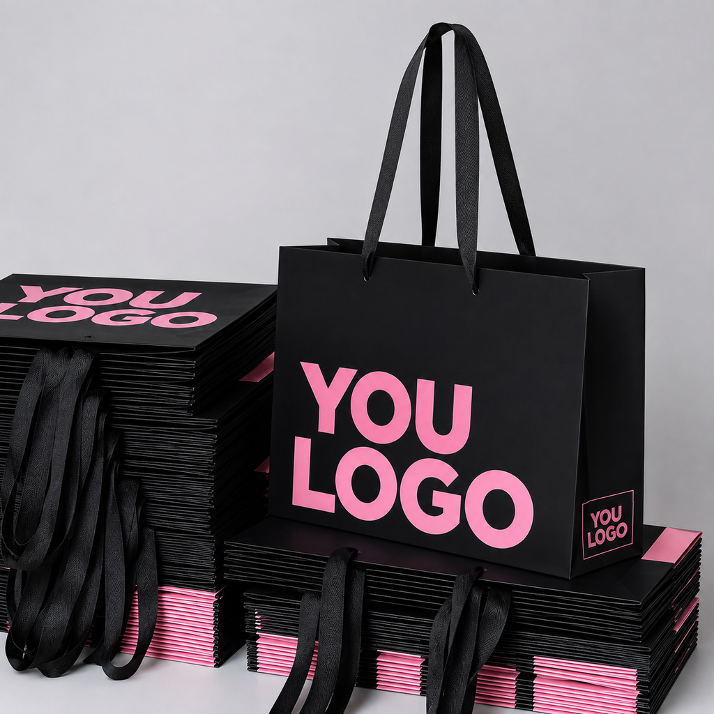 Bold Black & Pink Retail Paper Bags with Wide Ribbon Handles – Custom Packaging for Fashion & Beauty Brands
