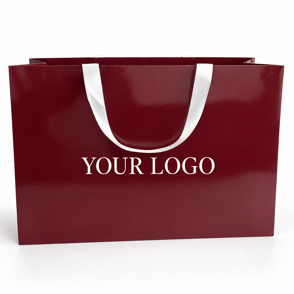 Custom Glossy Paper Shopping Bags with White Satin Ribbon Handles | Luxury Logo Gift Bags