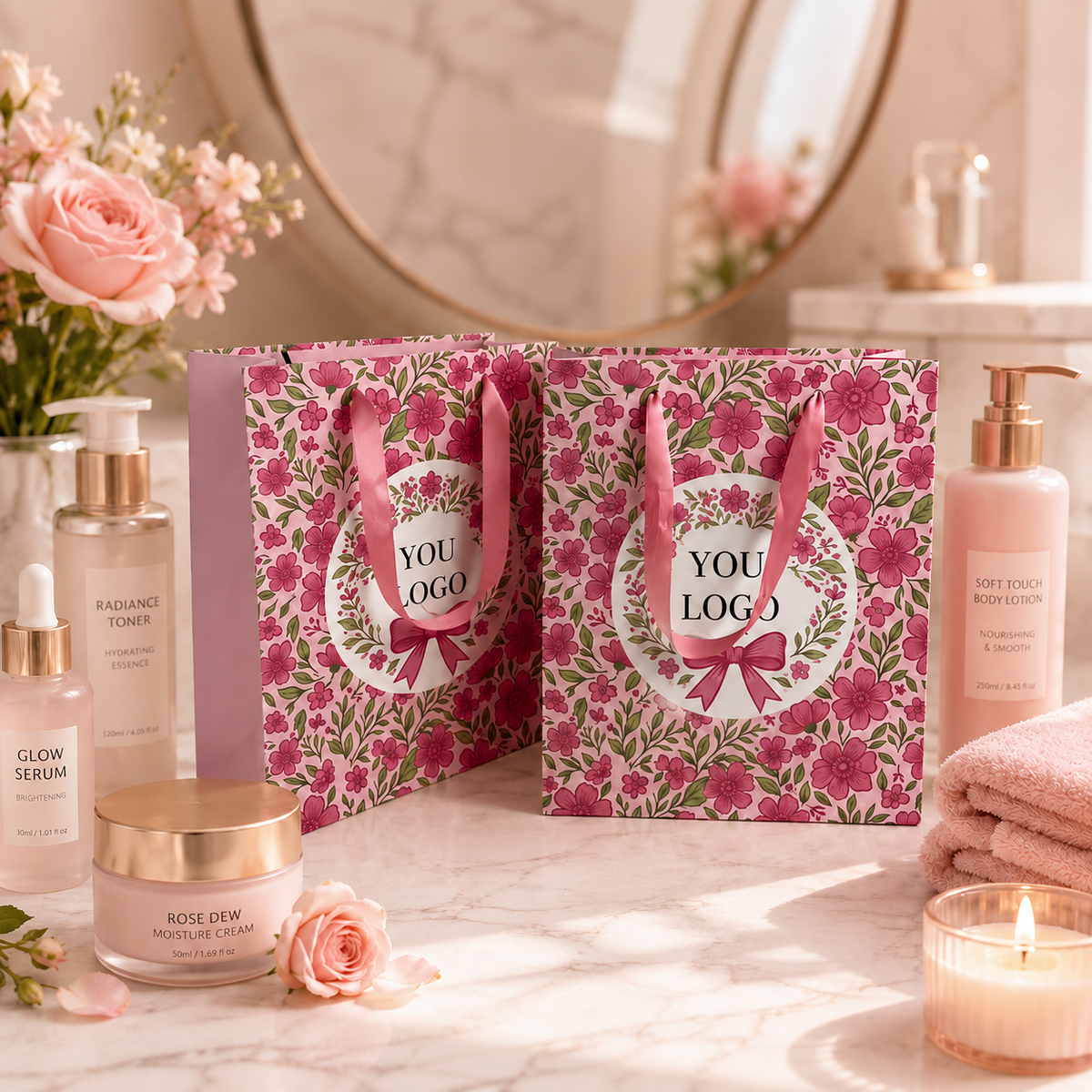 Custom Floral Paper Gift Bags for Beauty & Boutique Packaging