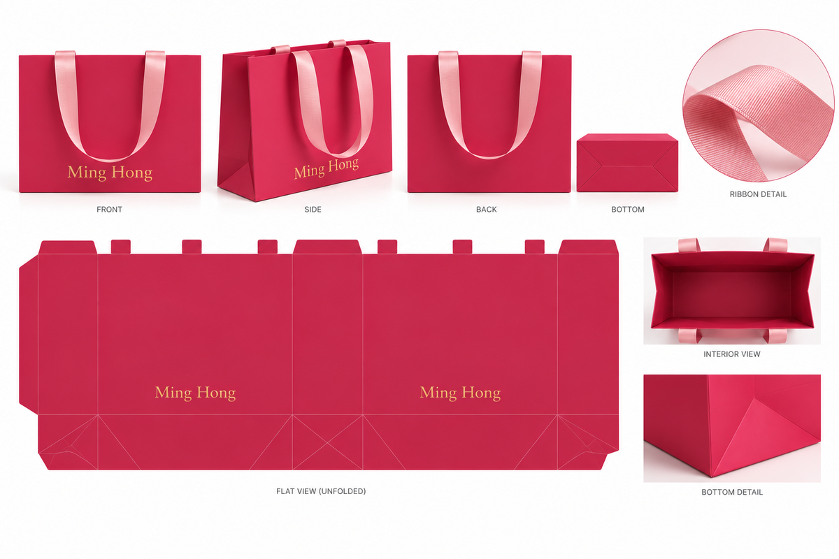 Rose Pink 250GSM C1S Paper Gift Bags with Concealed Ribbon Handles
