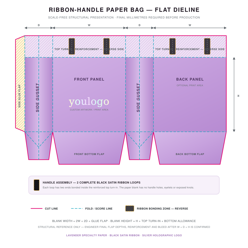Custom Lavender Paper Shopping Bags with Black Satin Ribbon Handles