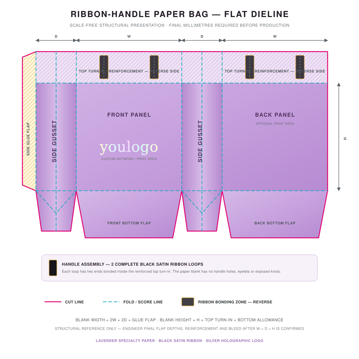 Custom Lavender Paper Shopping Bags with Black Satin Ribbon Handles