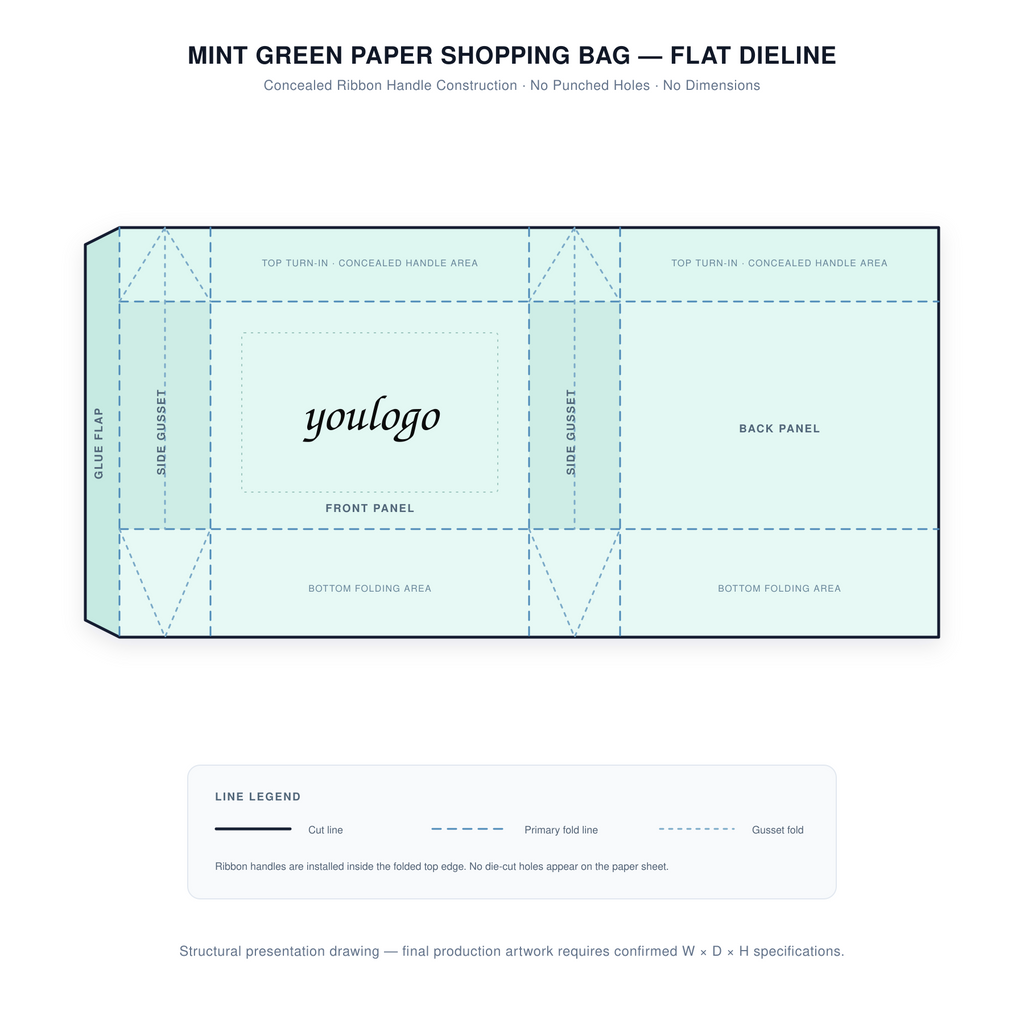 Custom Mint Green 250gsm Paper Shopping Bags with Concealed White Satin Ribbon Handles